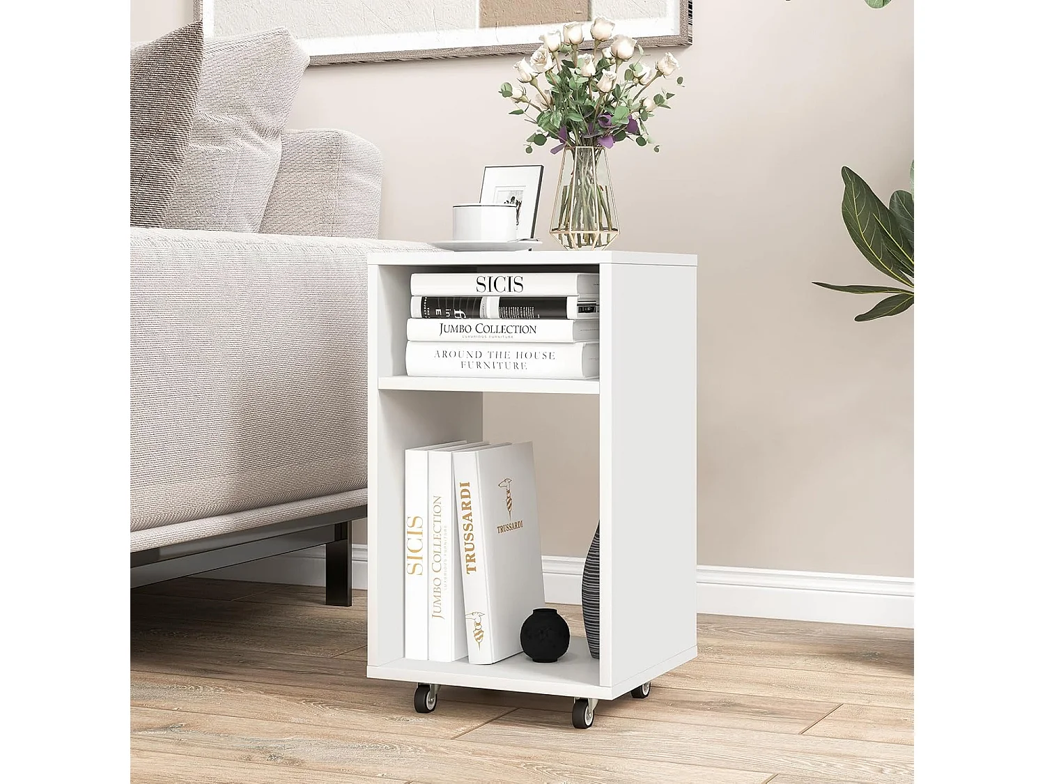 Bout de canapé à roulette, 2 étagères, assemblage facile, blanc, 33 x 30 x 58 cm