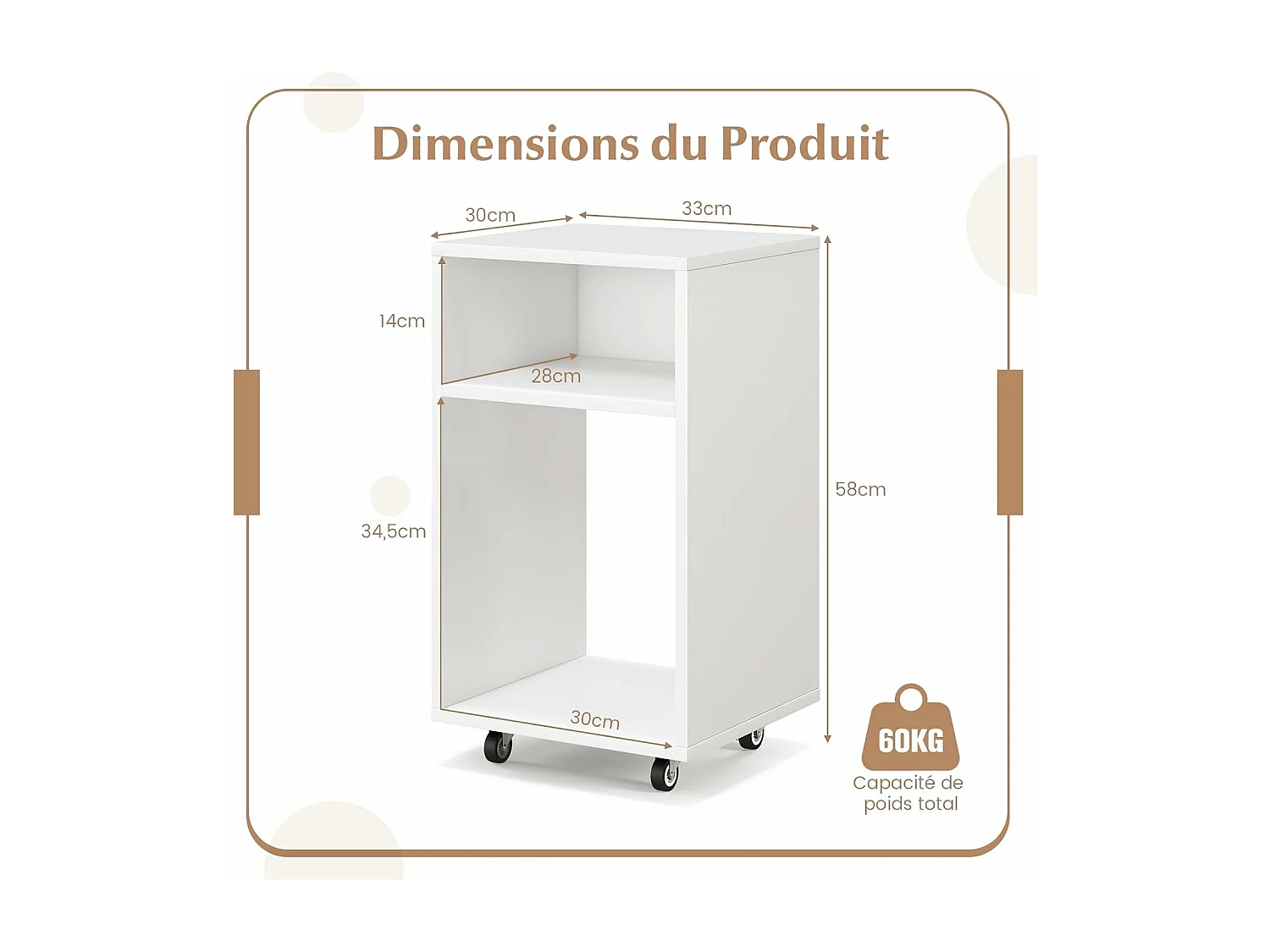 Bout de canapé à roulette, 2 étagères, assemblage facile, blanc, 33 x 30 x 58 cm