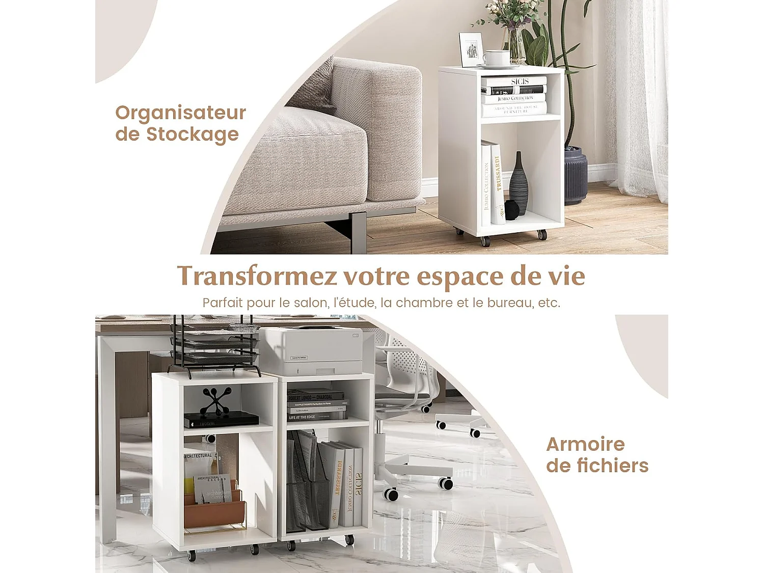 Bout de canapé à roulette, 2 étagères, assemblage facile, blanc, 33 x 30 x 58 cm