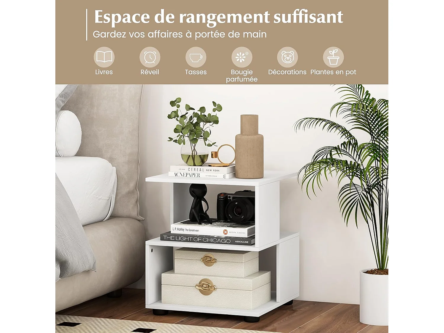 Table d'appoint 3 étagères,avec 4 coussinet antidérapants, 39,5 x 39,5 x 45 cm