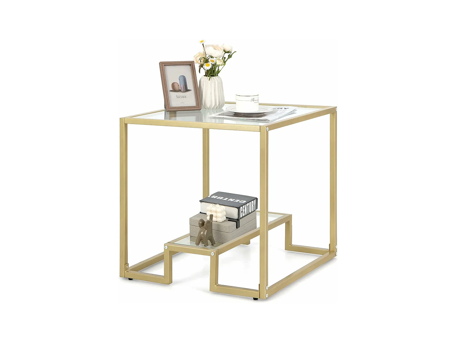 Table d'appoint à 2 étagères en verre, bout de canapé doré 56x56cm avec repose-pieds