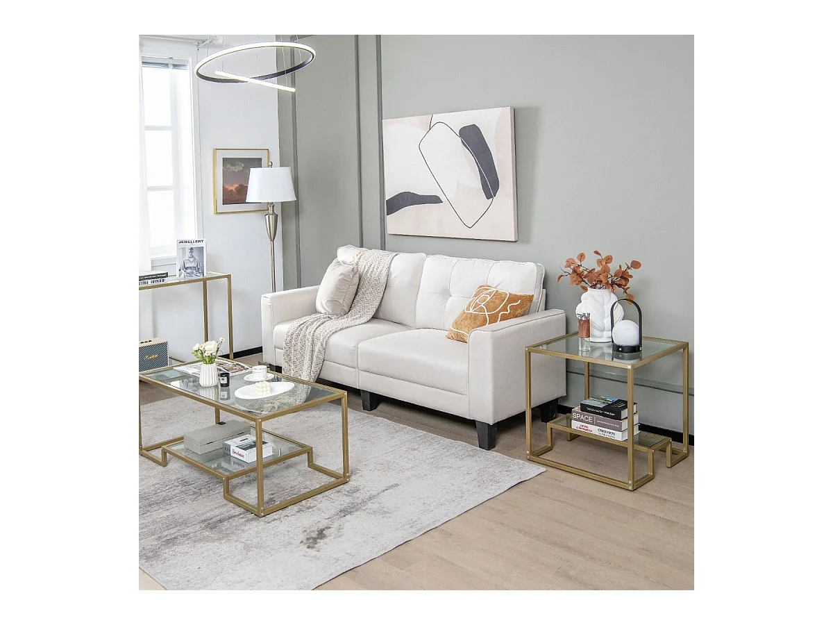 Table d'appoint à 2 étagères en verre, bout de canapé doré 56x56cm avec repose-pieds
