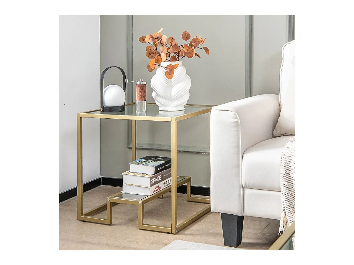 Table d'appoint à 2 étagères en verre, bout de canapé doré 56x56cm avec repose-pieds