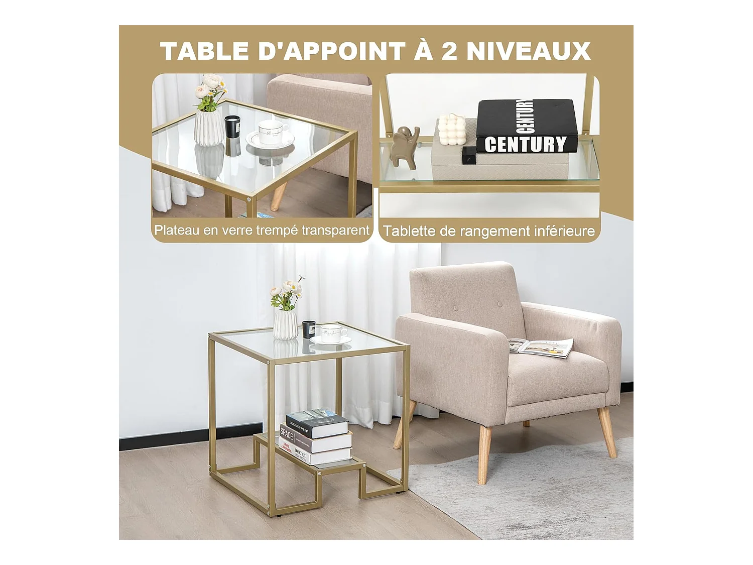 Table d'appoint à 2 étagères en verre, bout de canapé doré 56x56cm avec repose-pieds