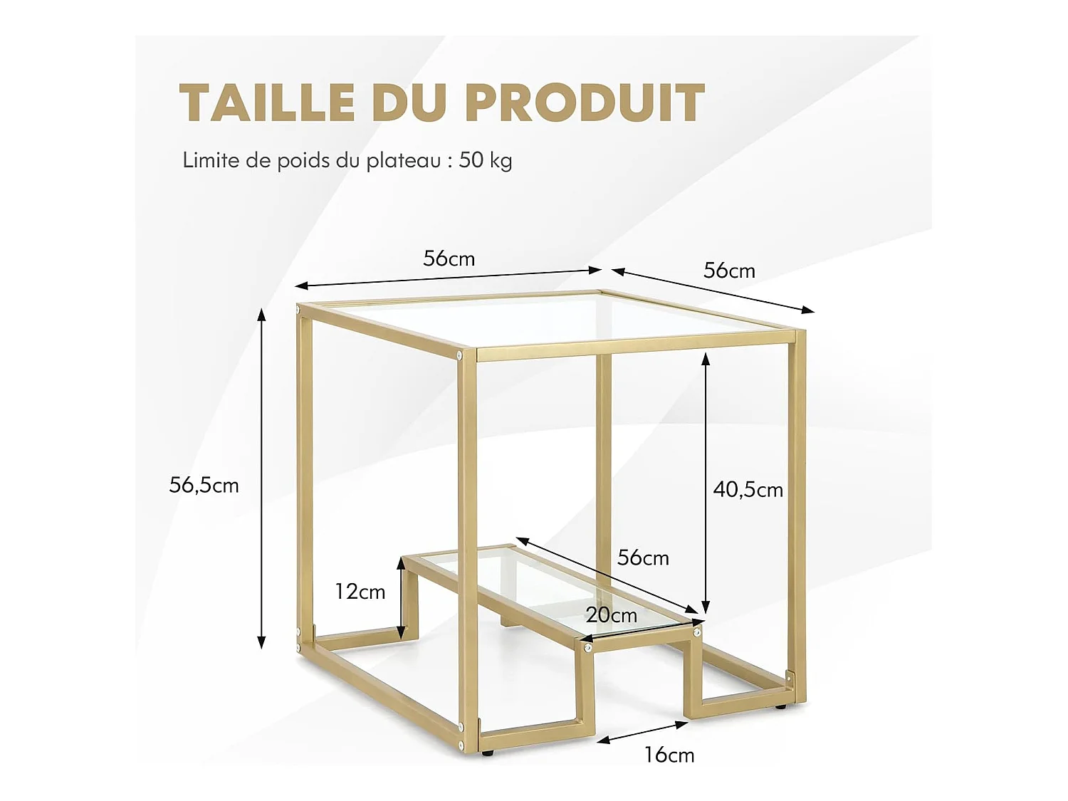 Table d'appoint à 2 étagères en verre, bout de canapé doré 56x56cm avec repose-pieds