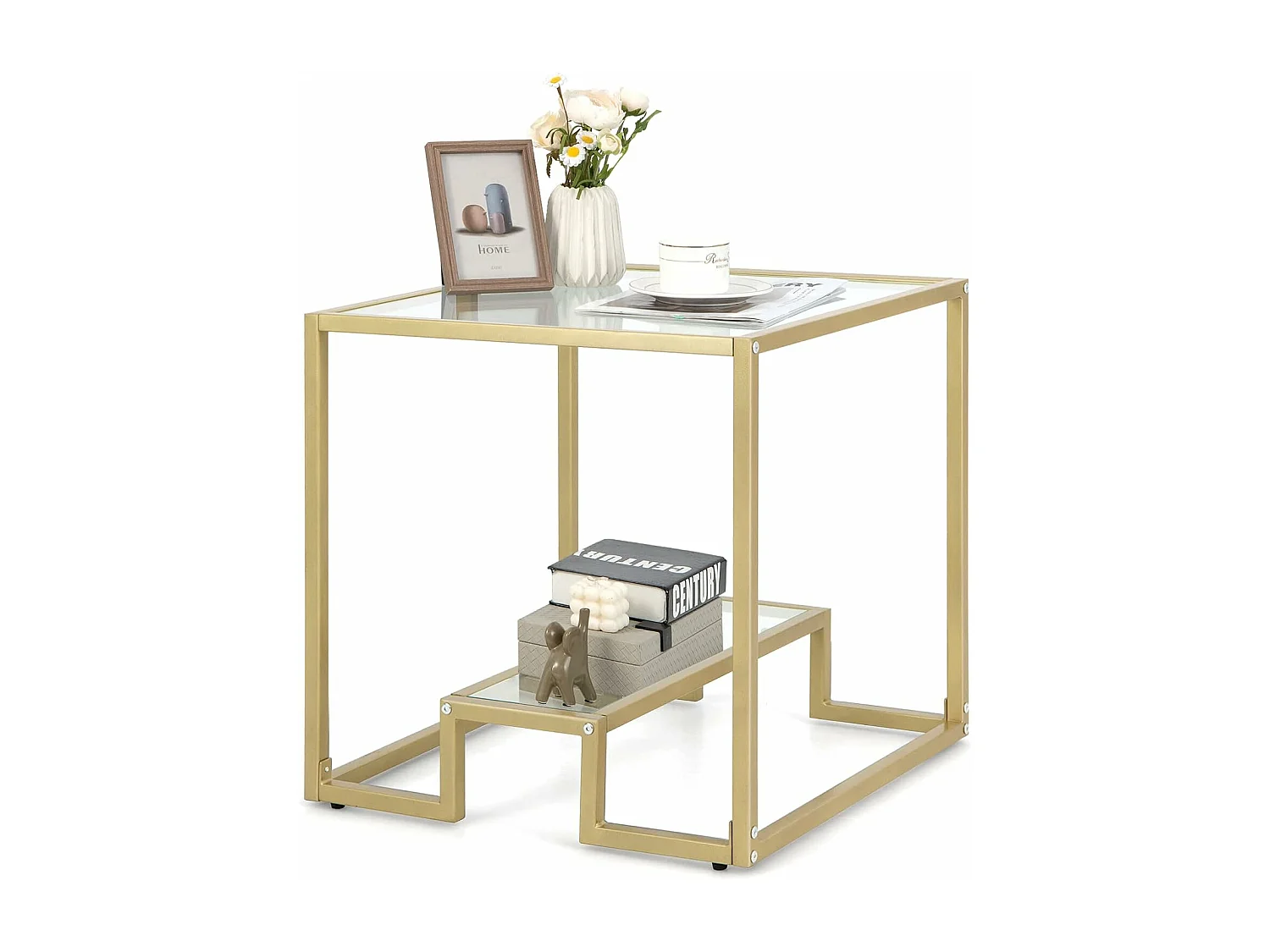 Glazen bijzettafel met 2 planken, gouden bijzettafel 56x56cm met voetenbankje