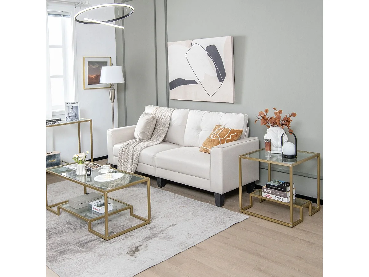 Glazen bijzettafel met 2 planken, gouden bijzettafel 56x56cm met voetenbankje