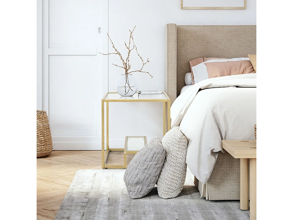Glazen bijzettafel met 2 planken, gouden bijzettafel 56x56cm met voetenbankje