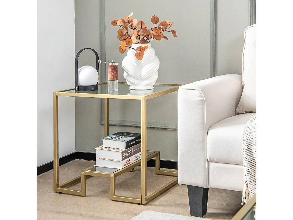 Glazen bijzettafel met 2 planken, gouden bijzettafel 56x56cm met voetenbankje