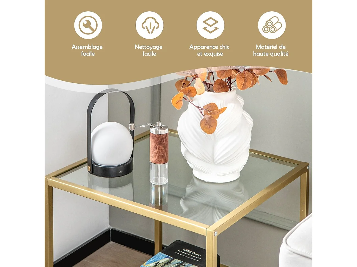 Glazen bijzettafel met 2 planken, gouden bijzettafel 56x56cm met voetenbankje