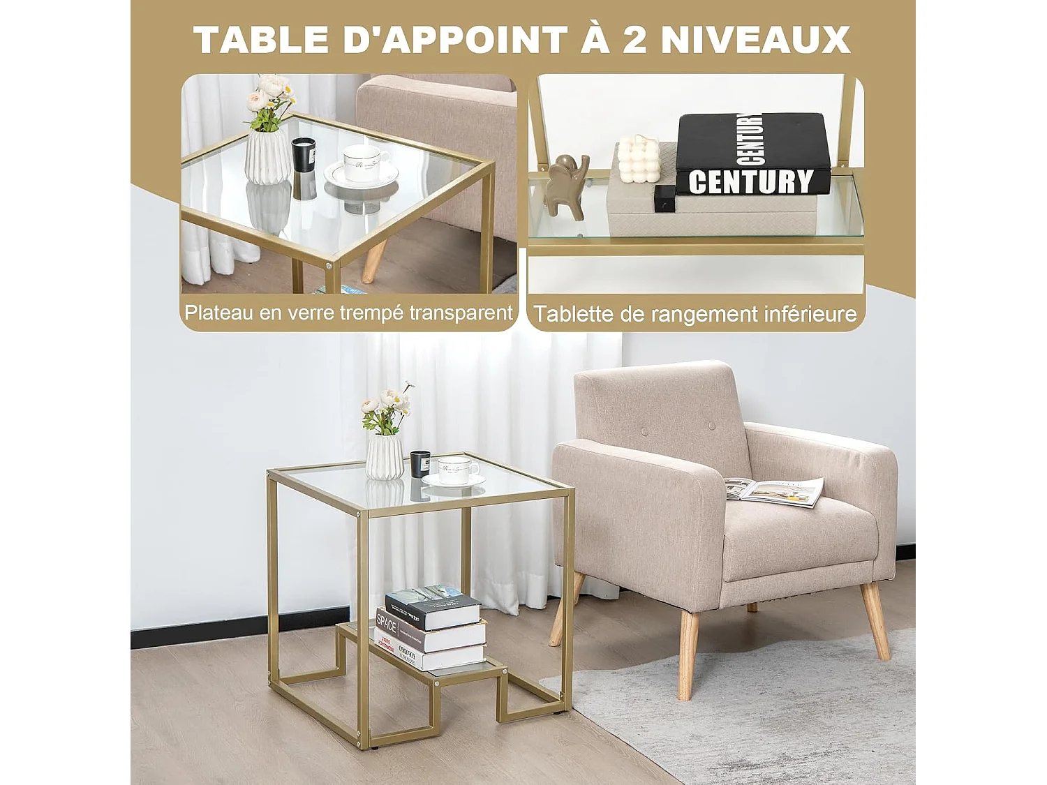 Glazen bijzettafel met 2 planken, gouden bijzettafel 56x56cm met voetenbankje