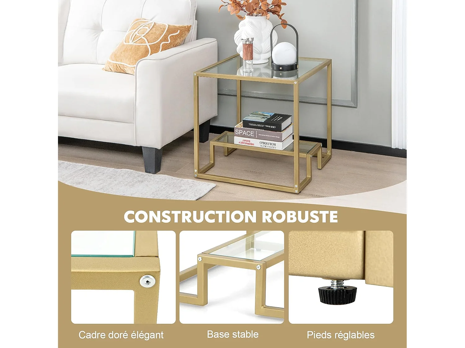 Glazen bijzettafel met 2 planken, gouden bijzettafel 56x56cm met voetenbankje