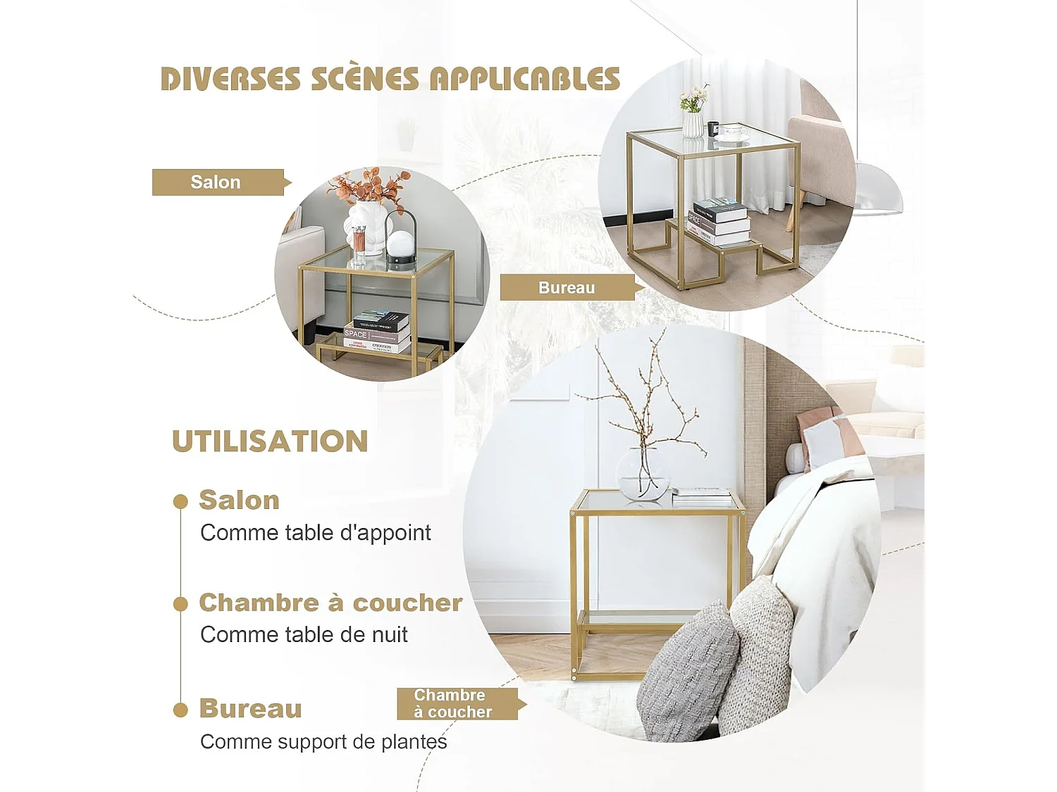 Glazen bijzettafel met 2 planken, gouden bijzettafel 56x56cm met voetenbankje