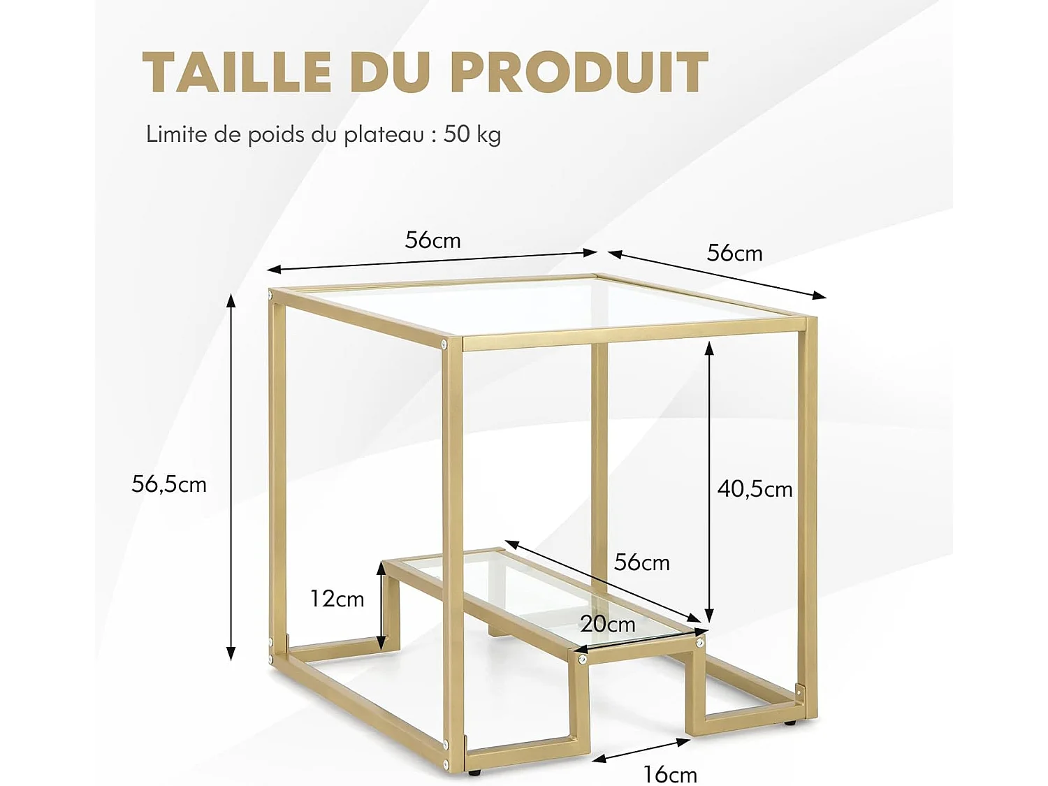 Glazen bijzettafel met 2 planken, gouden bijzettafel 56x56cm met voetenbankje
