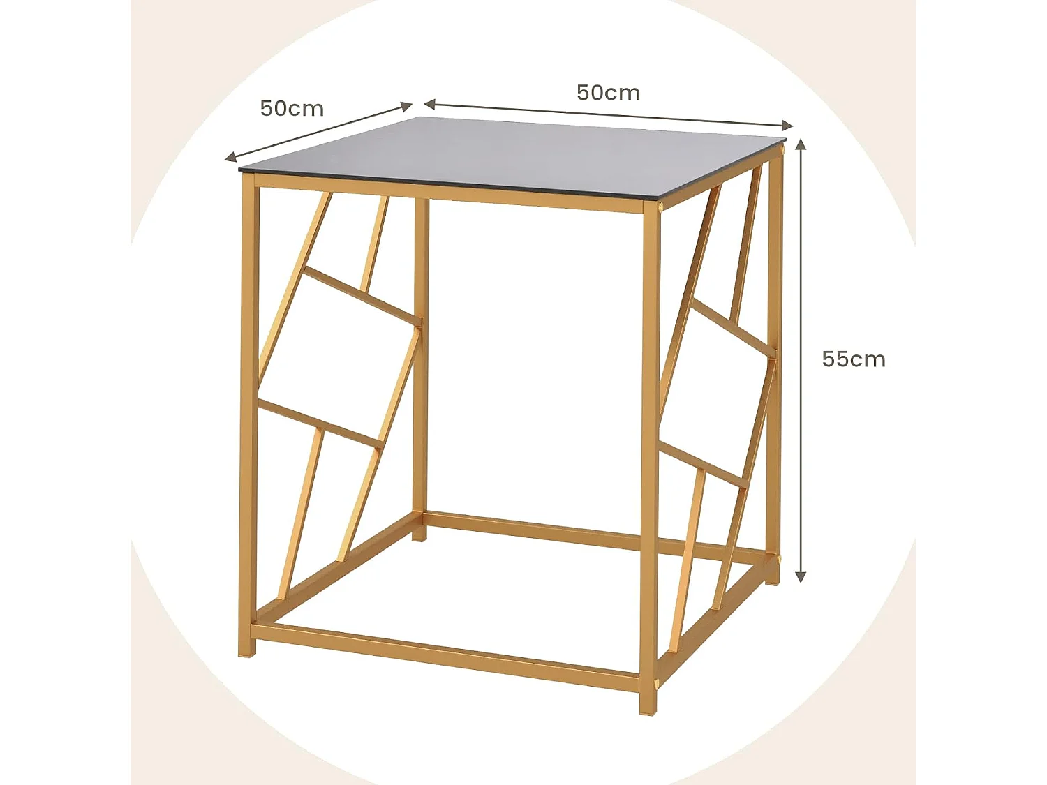 Table d'appoint carrée, plateau en verre trempé, cadre géométrique doré, 50 x 50 x 55 cm