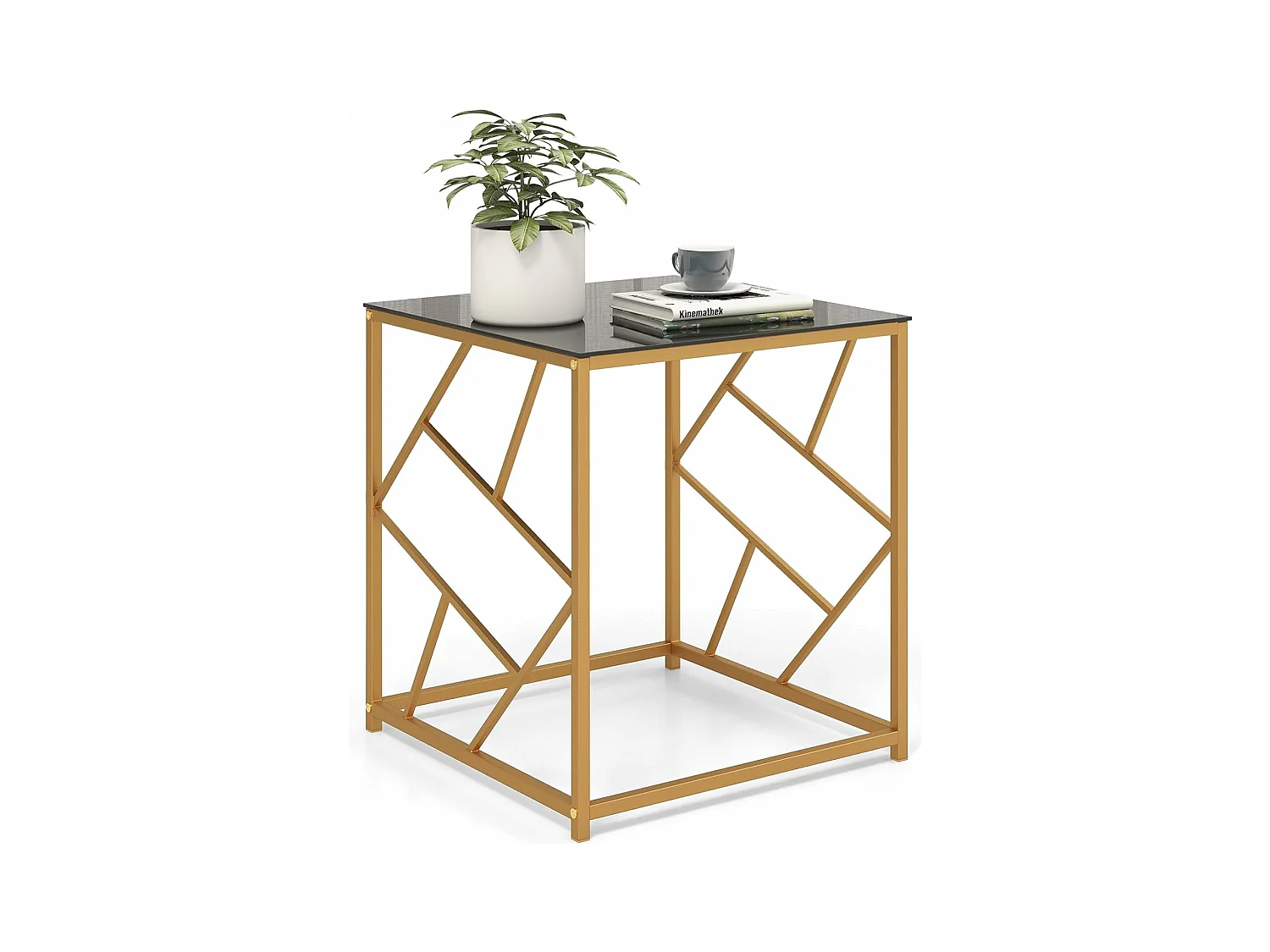 Table d'appoint carrée, plateau en verre trempé, cadre géométrique doré, 50 x 50 x 55 cm