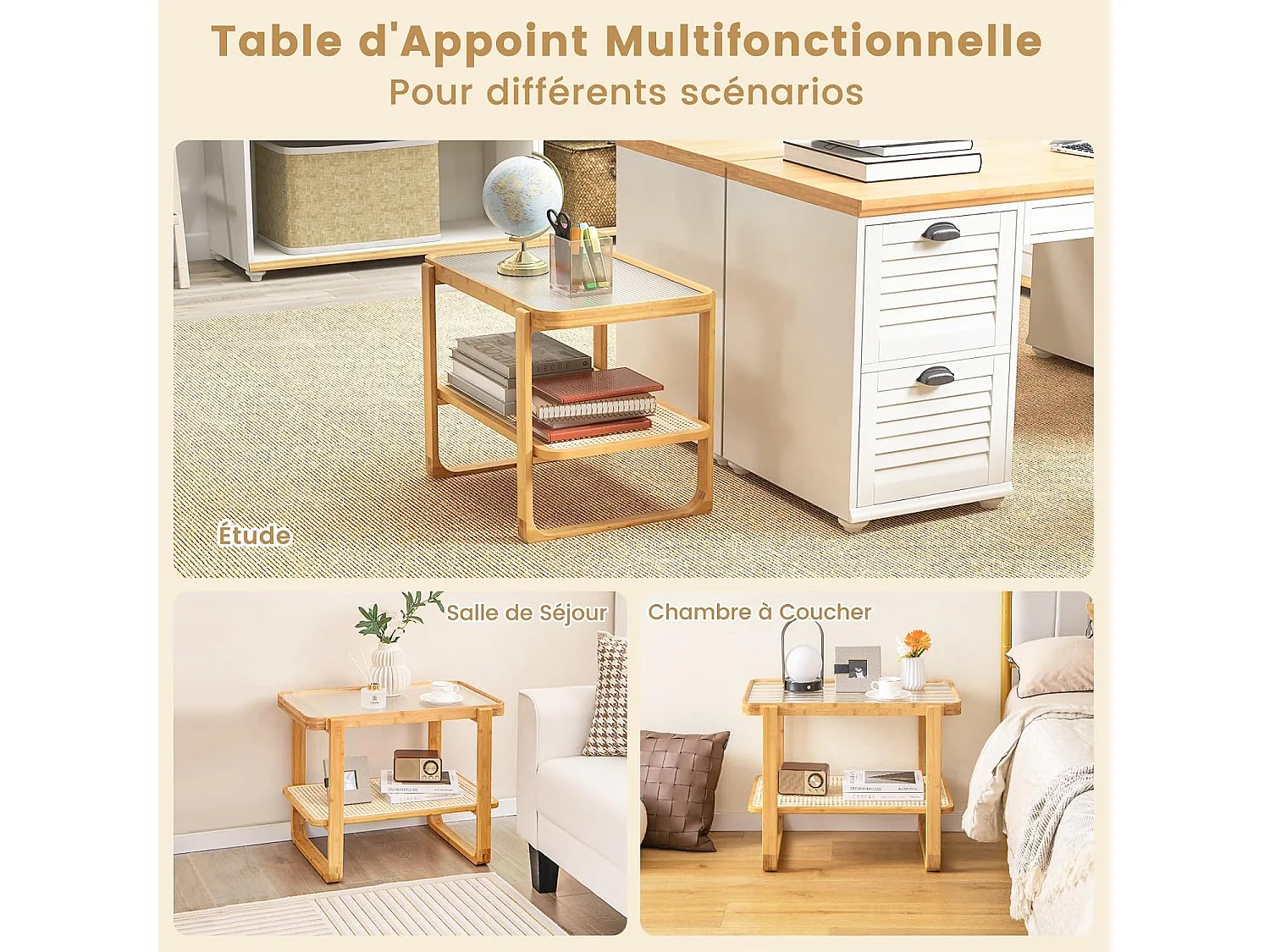Table d’appoint avec étagère en rotin pe, avec, bohême, 70,5 x 44,5 x 54,5 cm