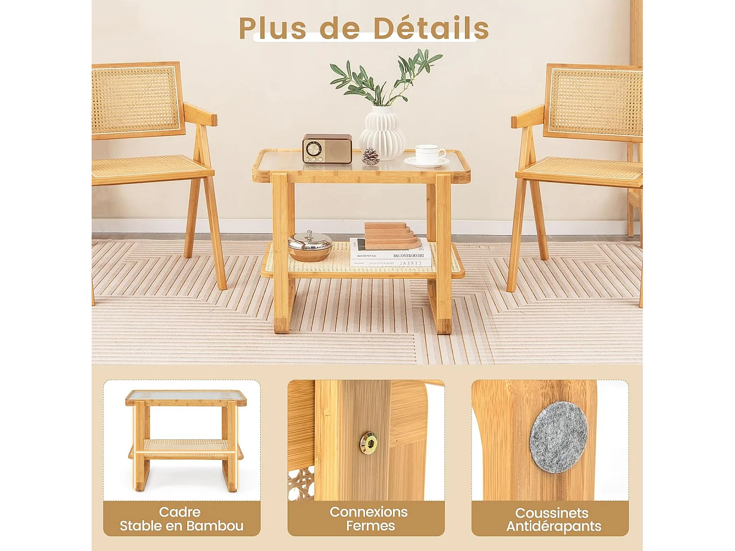 Table d’appoint avec étagère en rotin pe, avec, bohême, 70,5 x 44,5 x 54,5 cm