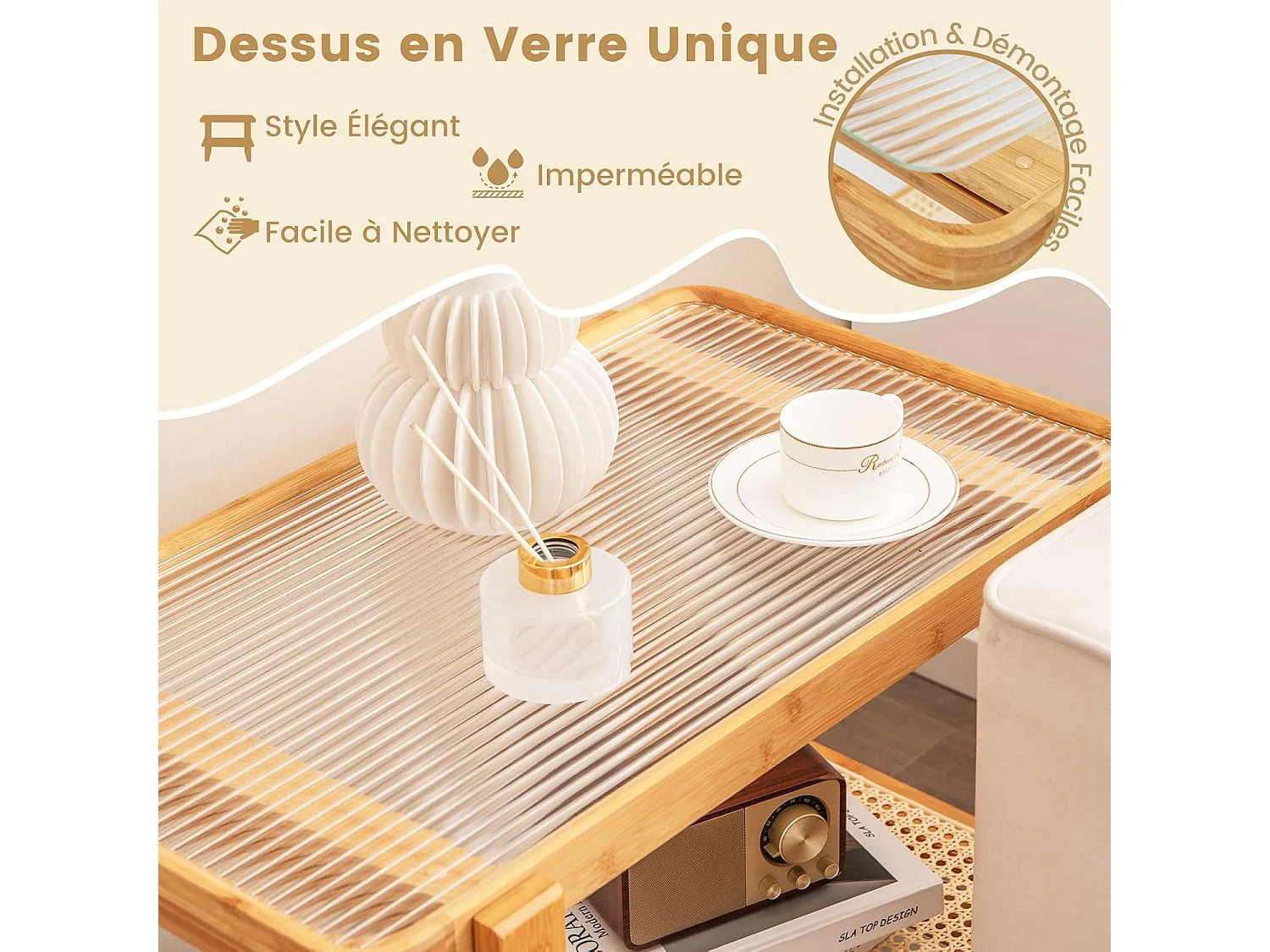 Table d’appoint avec étagère en rotin pe, avec, bohême, 70,5 x 44,5 x 54,5 cm