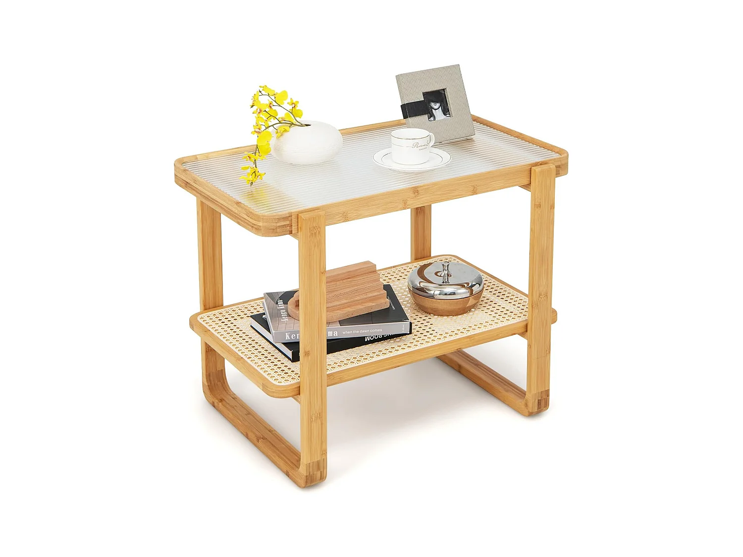 Table d’appoint avec étagère en rotin pe, avec, bohême, 70,5 x 44,5 x 54,5 cm