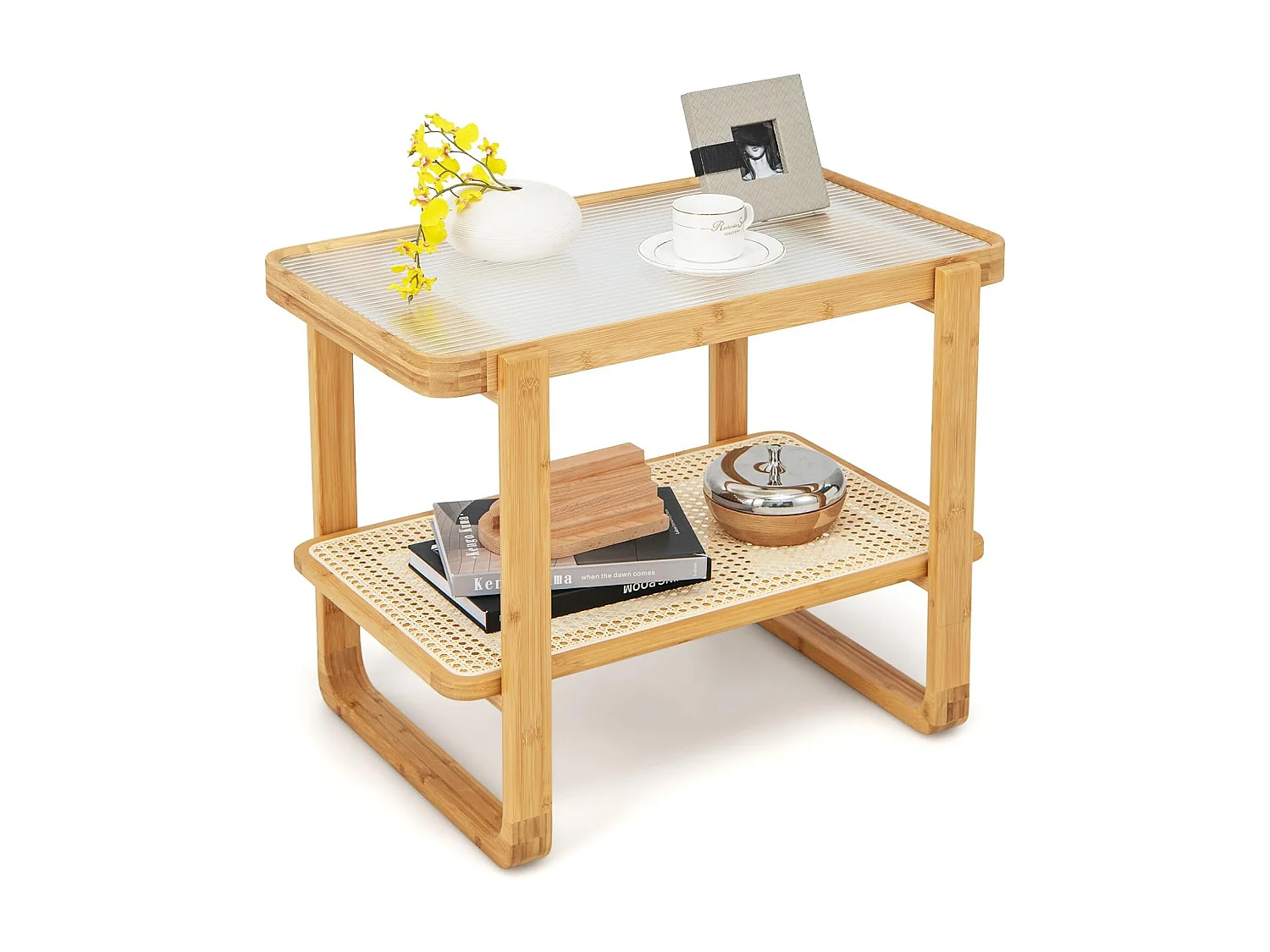 Table d’appoint avec étagère en rotin pe, avec, bohême, 70,5 x 44,5 x 54,5 cm