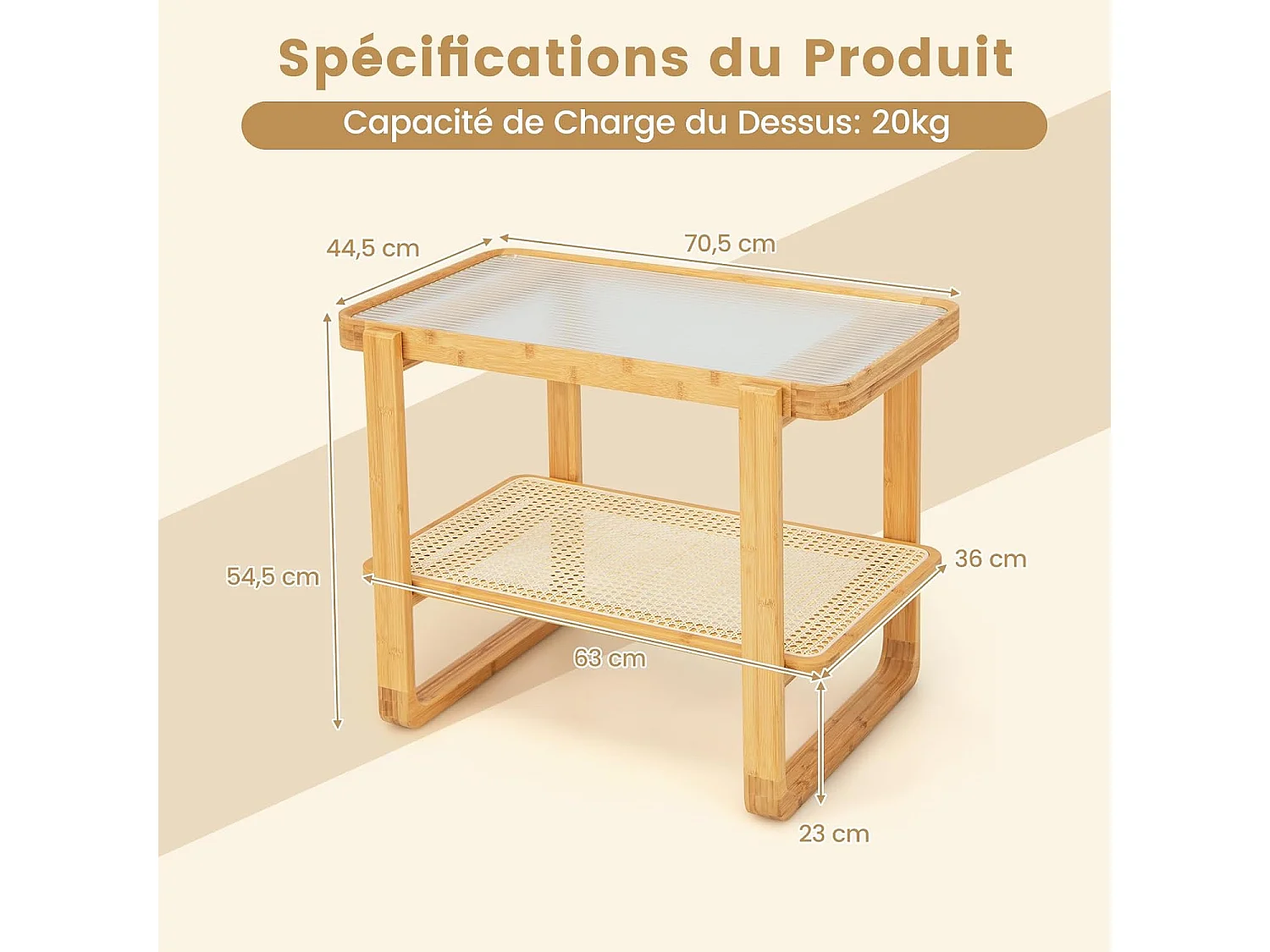 Table d’appoint avec étagère en rotin pe, avec, bohême, 70,5 x 44,5 x 54,5 cm