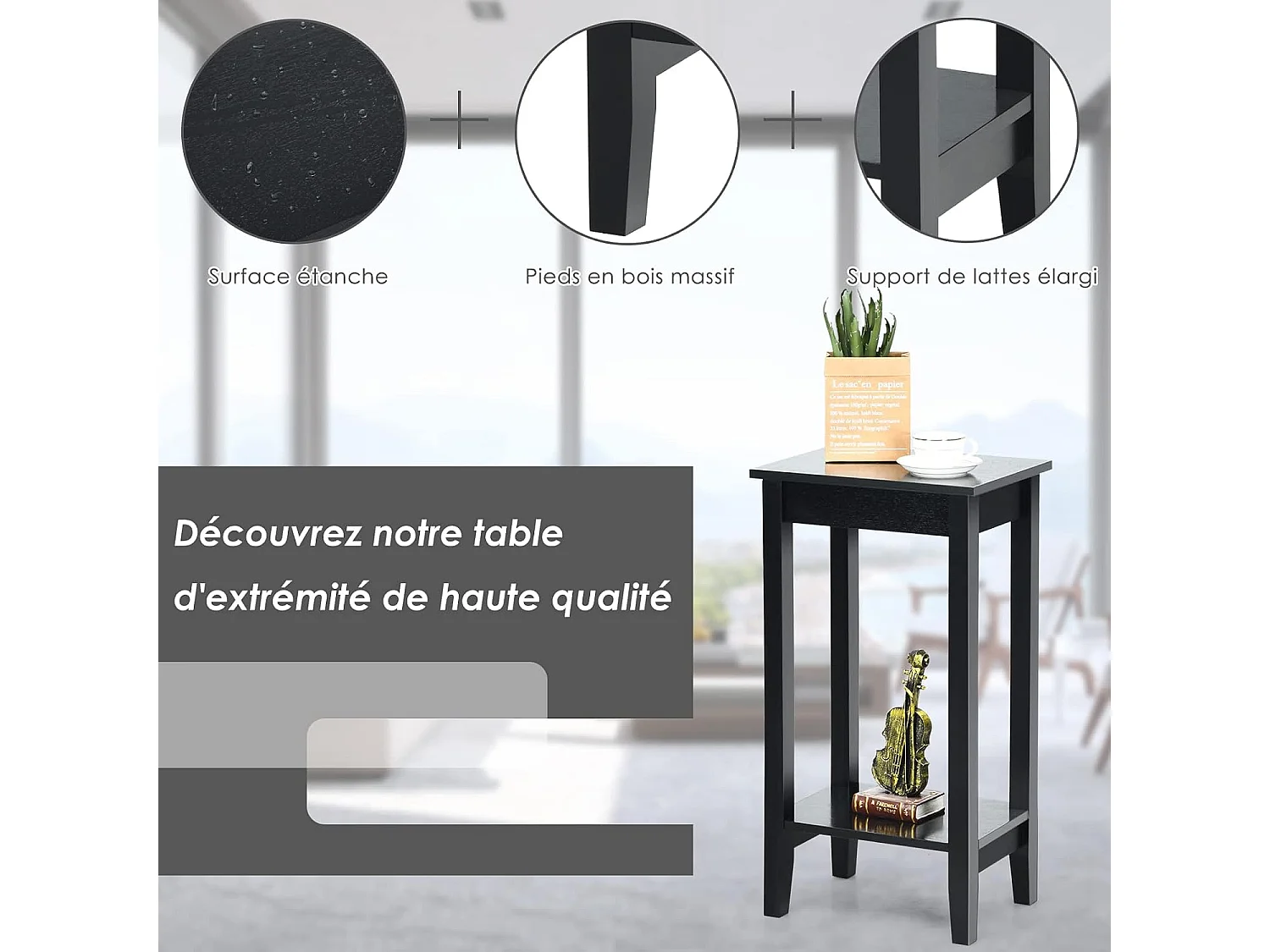 Table d'appoint, bout de canapé avec pieds en bois massif, 40,5 x 29 x 73,5 cm, noir