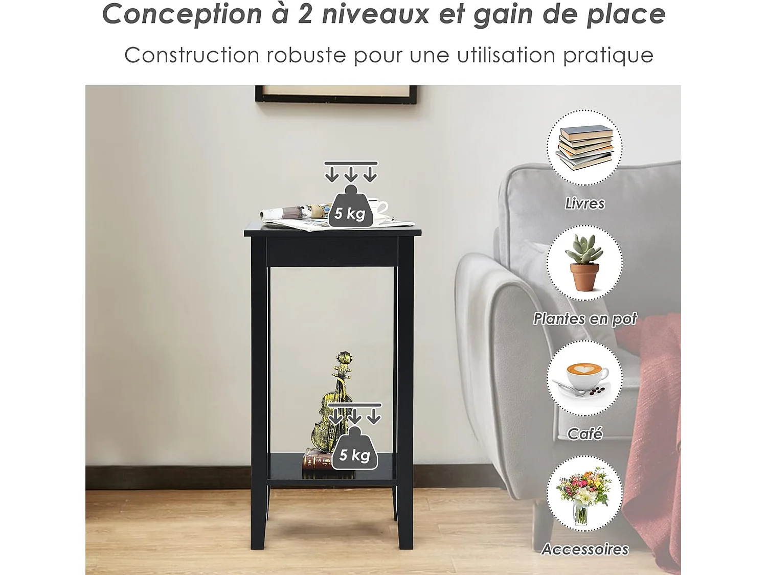 Table d'appoint, bout de canapé avec pieds en bois massif, 40,5 x 29 x 73,5 cm, noir