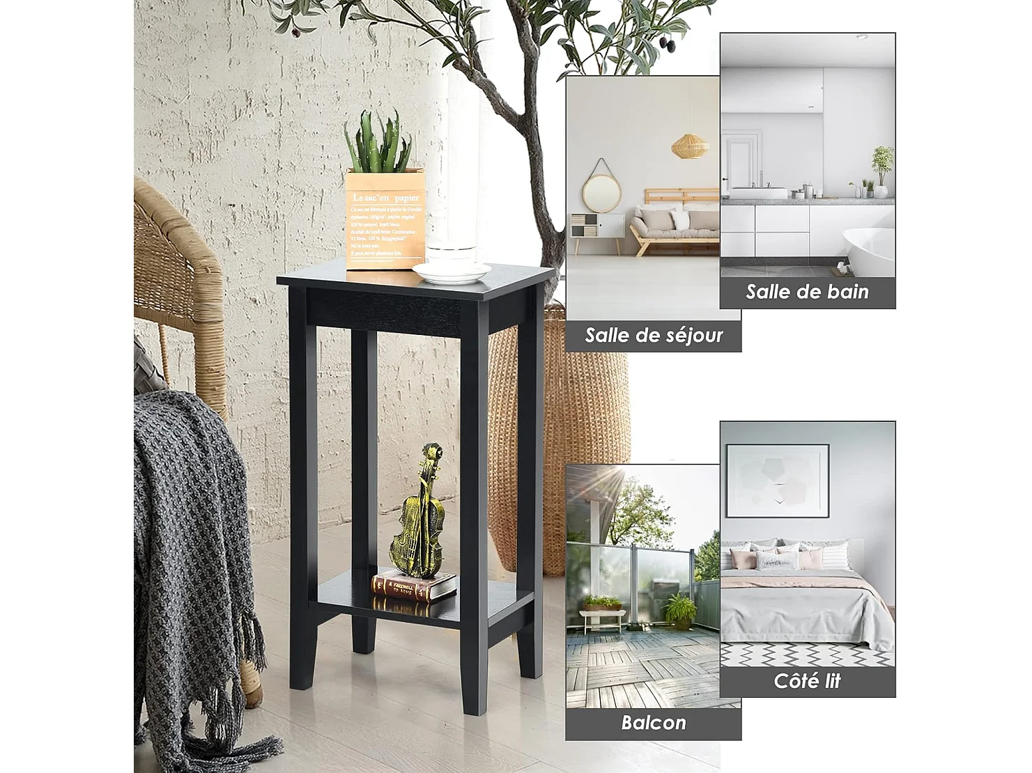 Table d'appoint, bout de canapé avec pieds en bois massif, 40,5 x 29 x 73,5 cm, noir