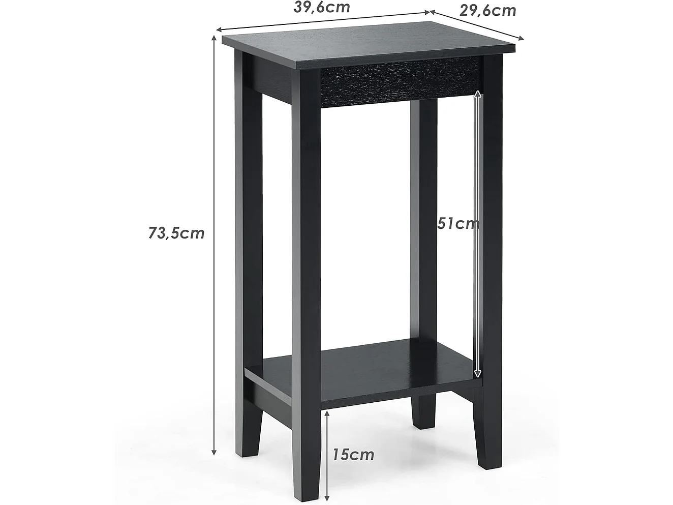Table d'appoint, bout de canapé avec pieds en bois massif, 40,5 x 29 x 73,5 cm, noir