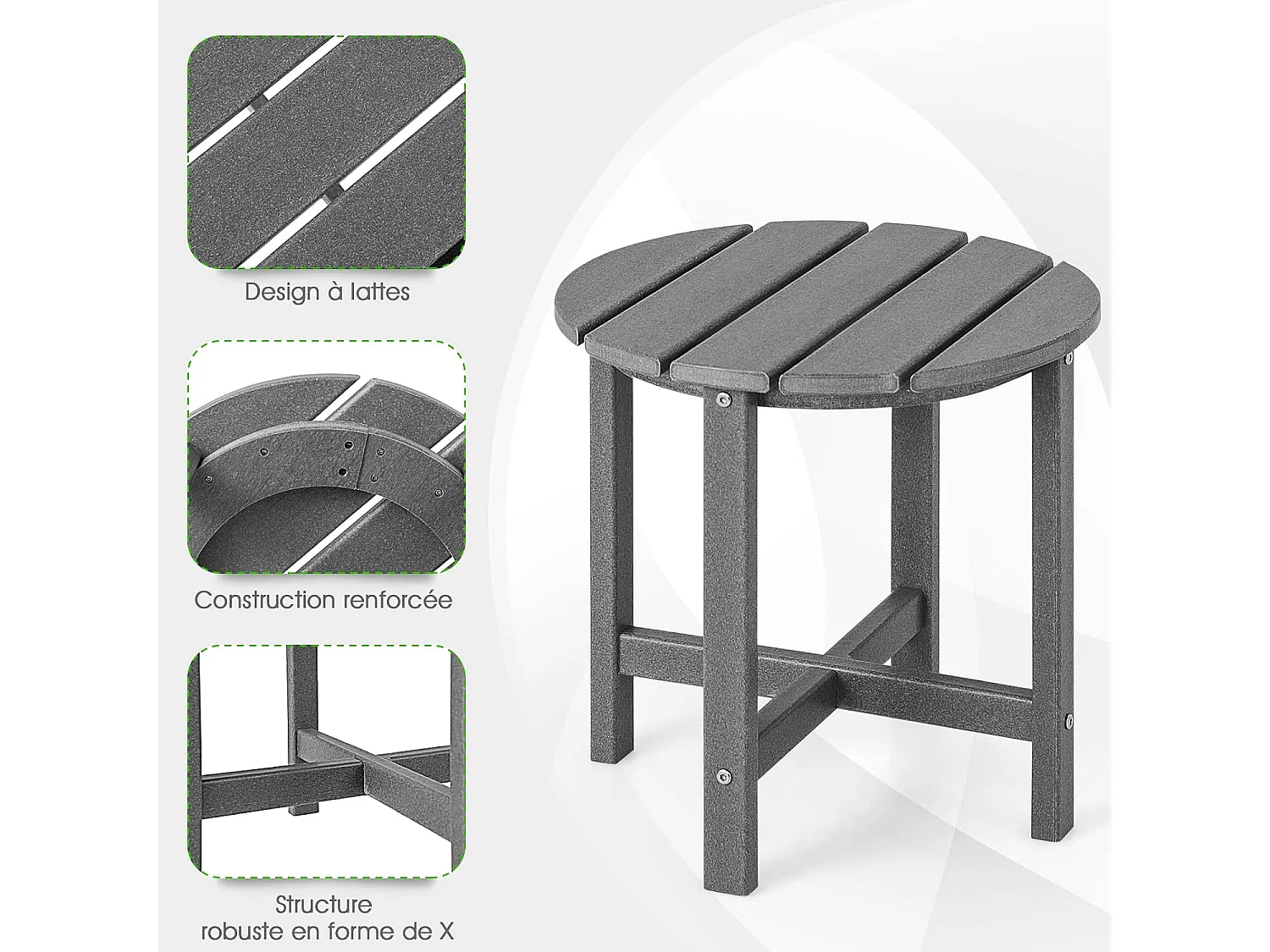 Table d’appoint extérieure en hdpe résistante aux intempéries,  46 x 46 cm, gris