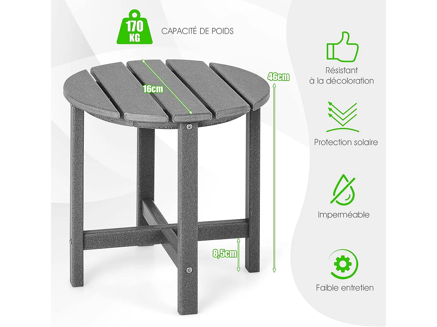 Table d’appoint extérieure en hdpe résistante aux intempéries,  46 x 46 cm, gris
