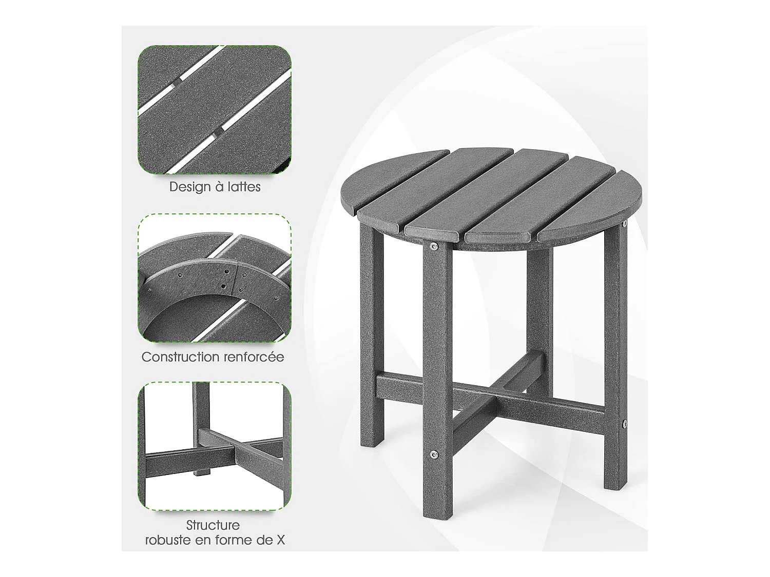 Table d’appoint extérieure en hdpe résistante aux intempéries,  46 x 46 cm, gris