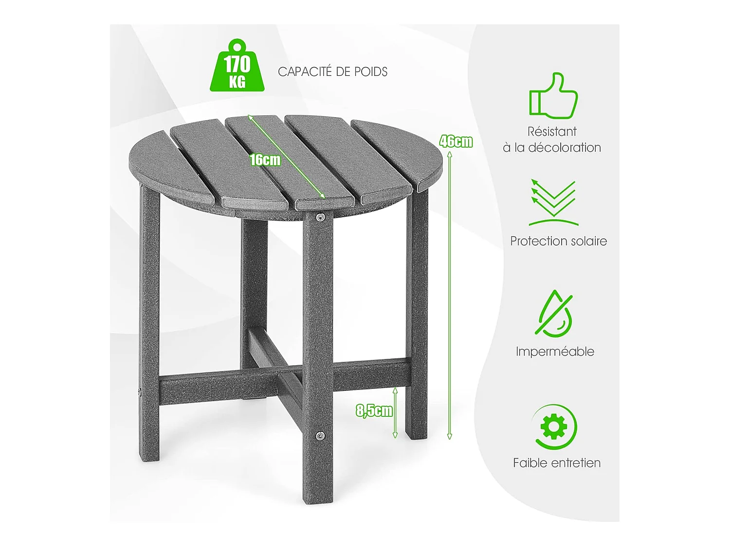 Table d’appoint extérieure en hdpe résistante aux intempéries,  46 x 46 cm, gris