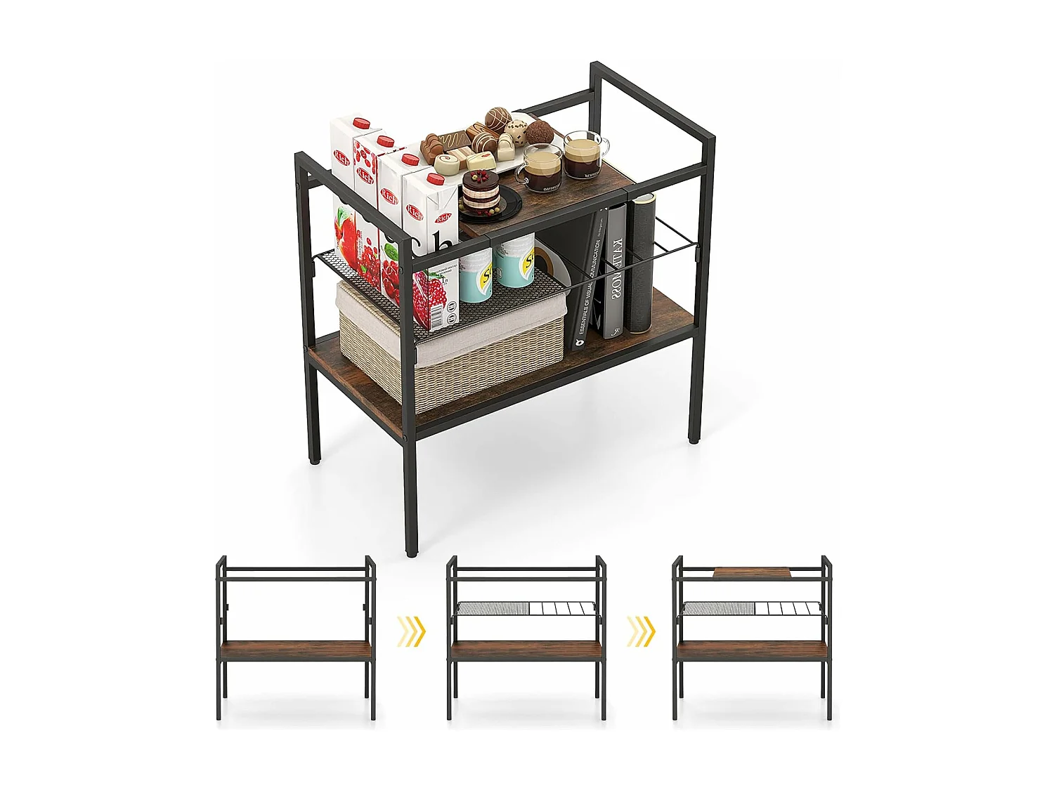 Table d'appoint, 3 niveaux, cadre en métal, étagère en maille, 60 x 33,5 x 61 cm