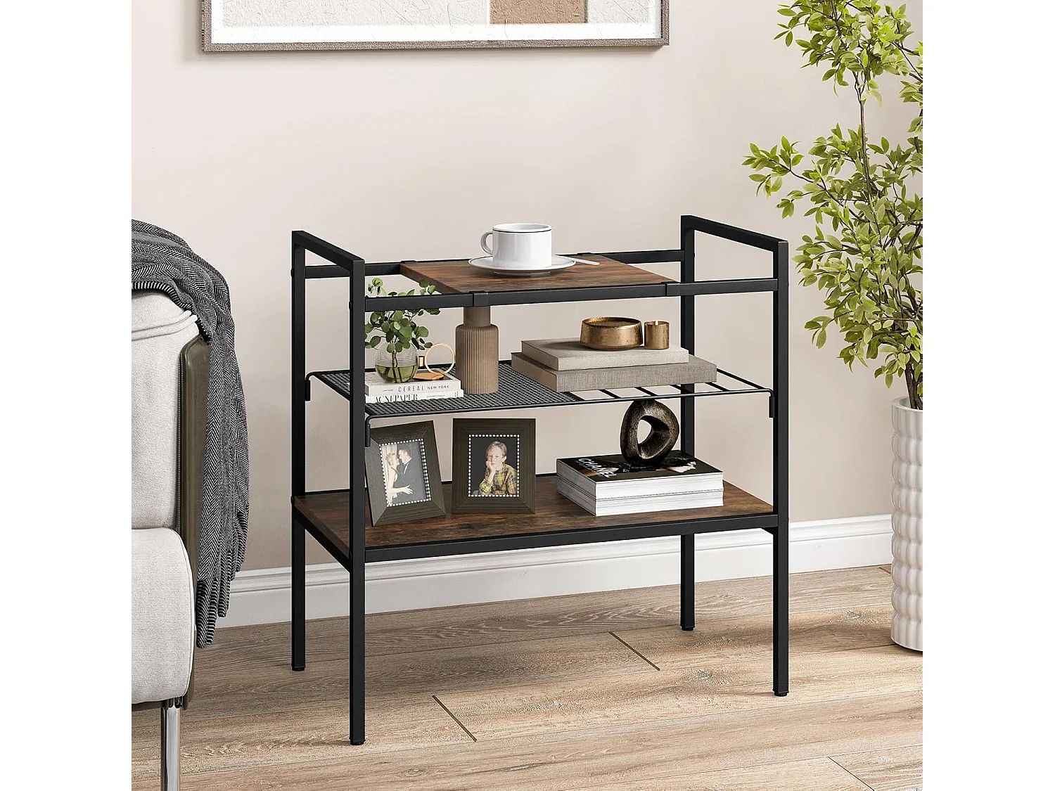 Table d'appoint, 3 niveaux, cadre en métal, étagère en maille, 60 x 33,5 x 61 cm