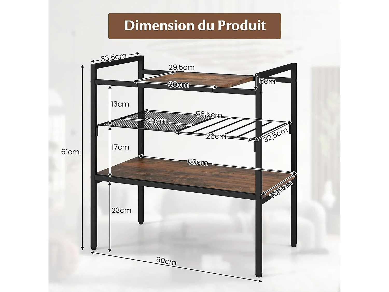 Table d'appoint, 3 niveaux, cadre en métal, étagère en maille, 60 x 33,5 x 61 cm