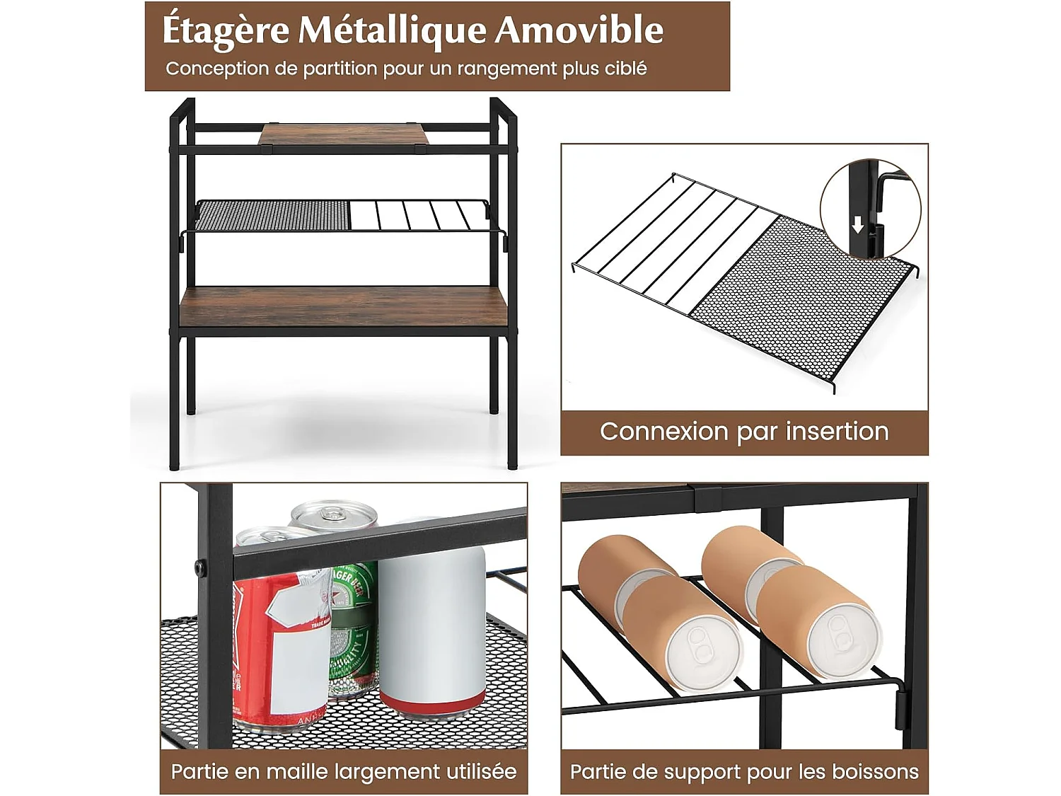 Table d'appoint, 3 niveaux, cadre en métal, étagère en maille, 60 x 33,5 x 61 cm