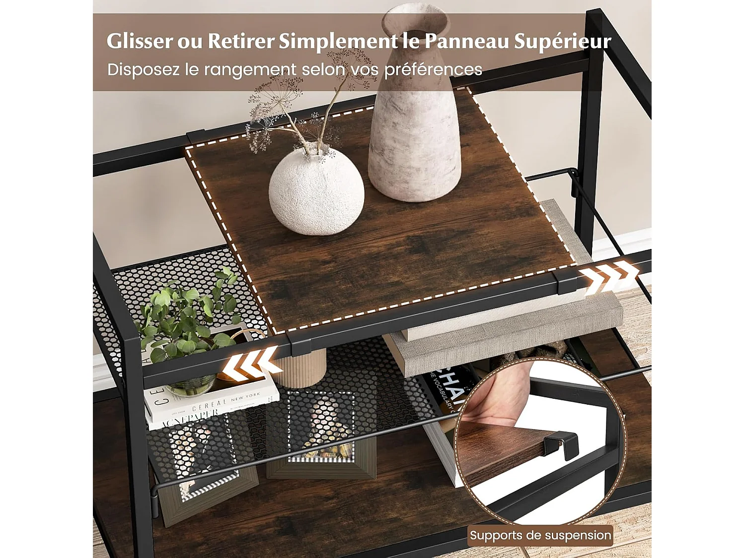 Table d'appoint, 3 niveaux, cadre en métal, étagère en maille, 60 x 33,5 x 61 cm