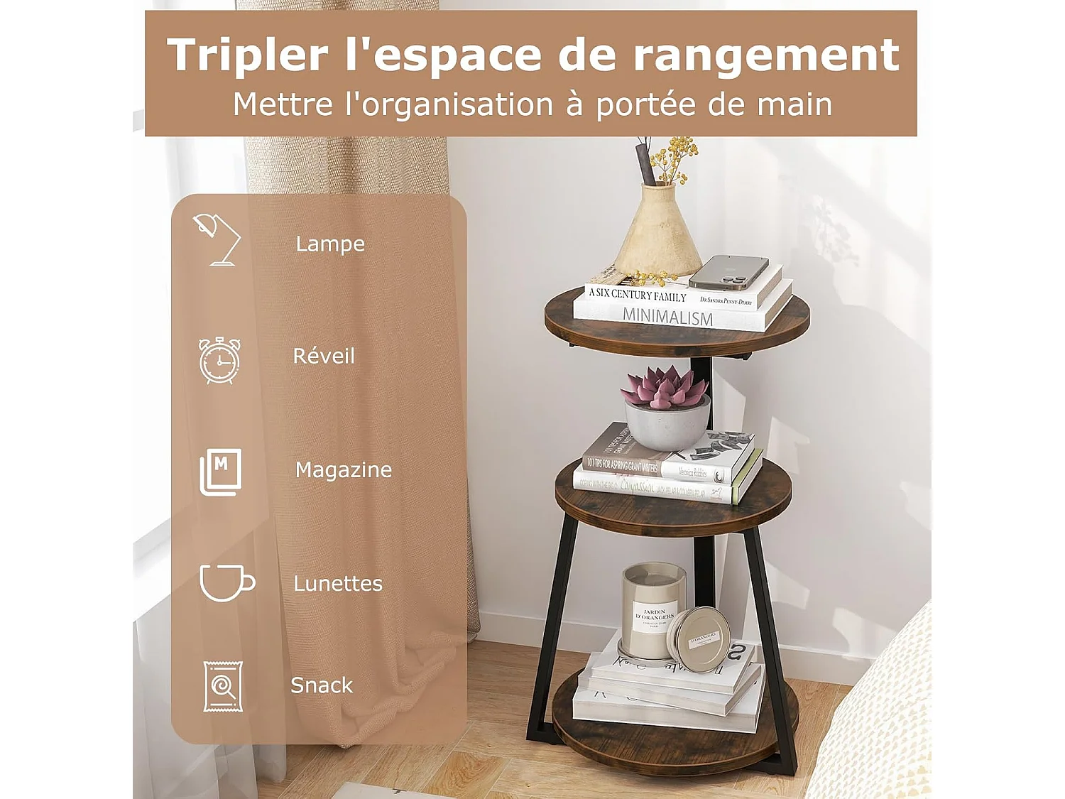 Table d'appoint, bout de canape 3 niveaux, cadre en métal, 40,5 x 38 x 62 cm (1)