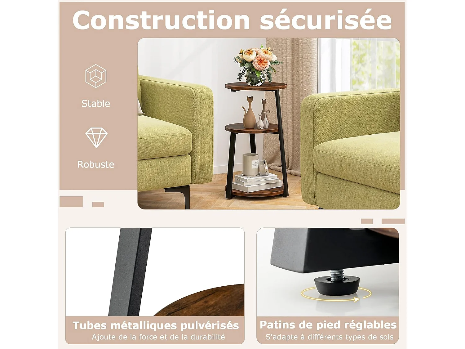 Table d'appoint, bout de canape 3 niveaux, cadre en métal, 40,5 x 38 x 62 cm (1)