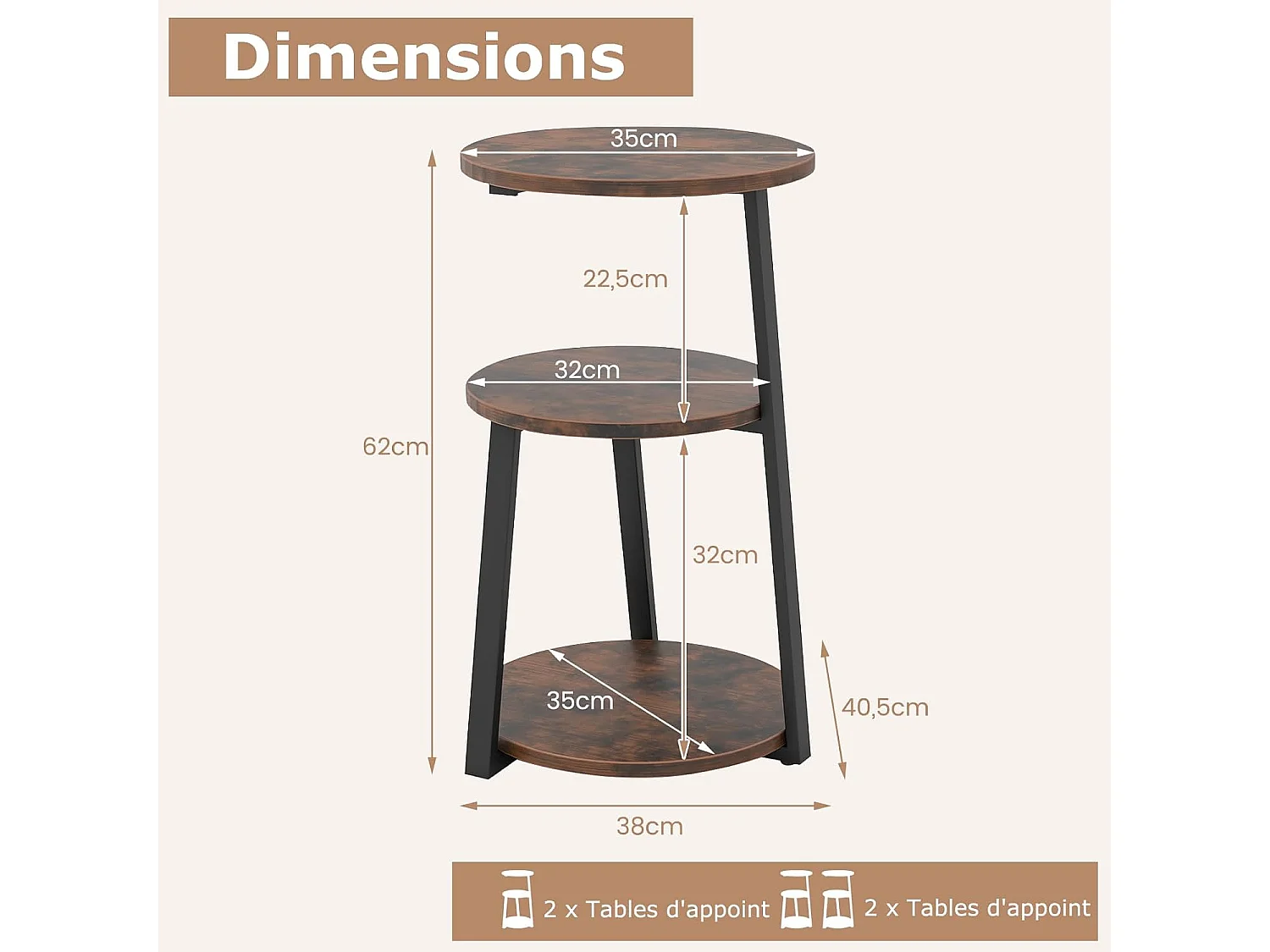 Table d'appoint, bout de canape 3 niveaux, cadre en métal, 40,5 x 38 x 62 cm (1)