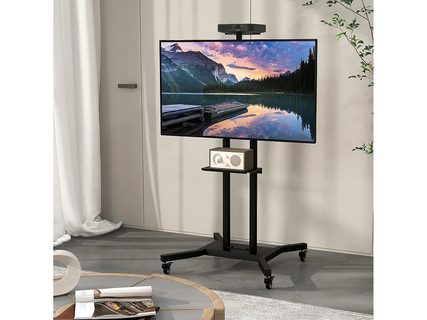 Support TV sur Pied Mobile pour 32 - 70 Pouces, Chariot TV à roulettes Réglable 2 Étagères pour Caméra et AV Passe-câbles VESA Max. 600 x 400 mm