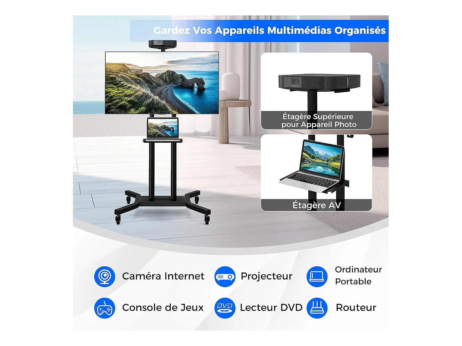 Support TV sur Pied Mobile pour 32 - 70 Pouces, Chariot TV à roulettes Réglable 2 Étagères pour Caméra et AV Passe-câbles VESA Max. 600 x 400 mm