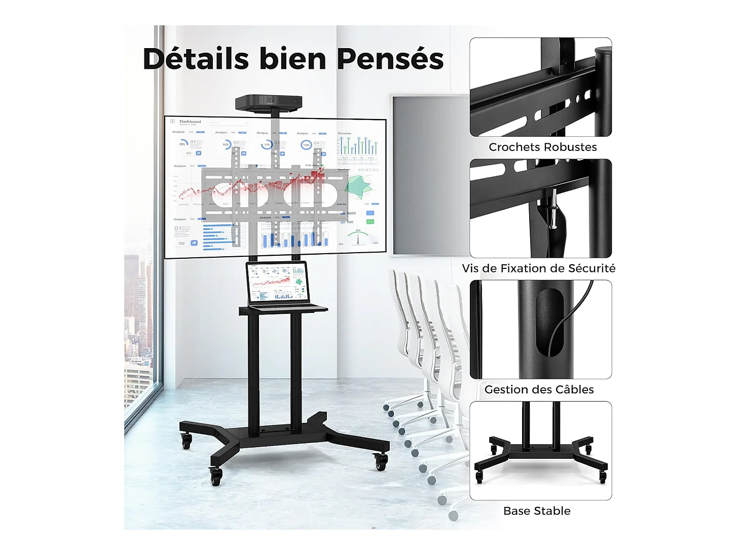 Support TV sur Pied Mobile pour 32 - 70 Pouces, Chariot TV à roulettes Réglable 2 Étagères pour Caméra et AV Passe-câbles VESA Max. 600 x 400 mm