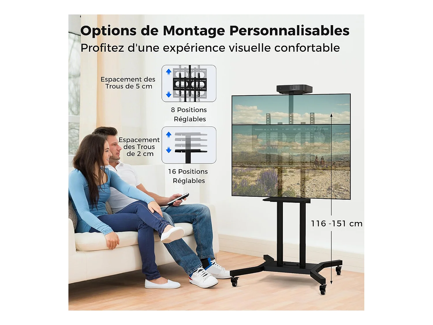 Support TV sur Pied Mobile pour 32 - 70 Pouces, Chariot TV à roulettes Réglable 2 Étagères pour Caméra et AV Passe-câbles VESA Max. 600 x 400 mm