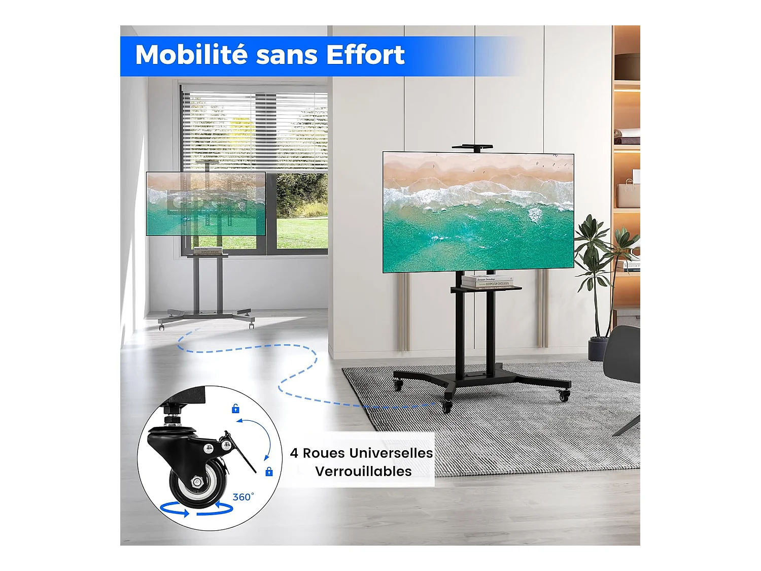 Support TV sur Pied Mobile pour 32 - 70 Pouces, Chariot TV à roulettes Réglable 2 Étagères pour Caméra et AV Passe-câbles VESA Max. 600 x 400 mm