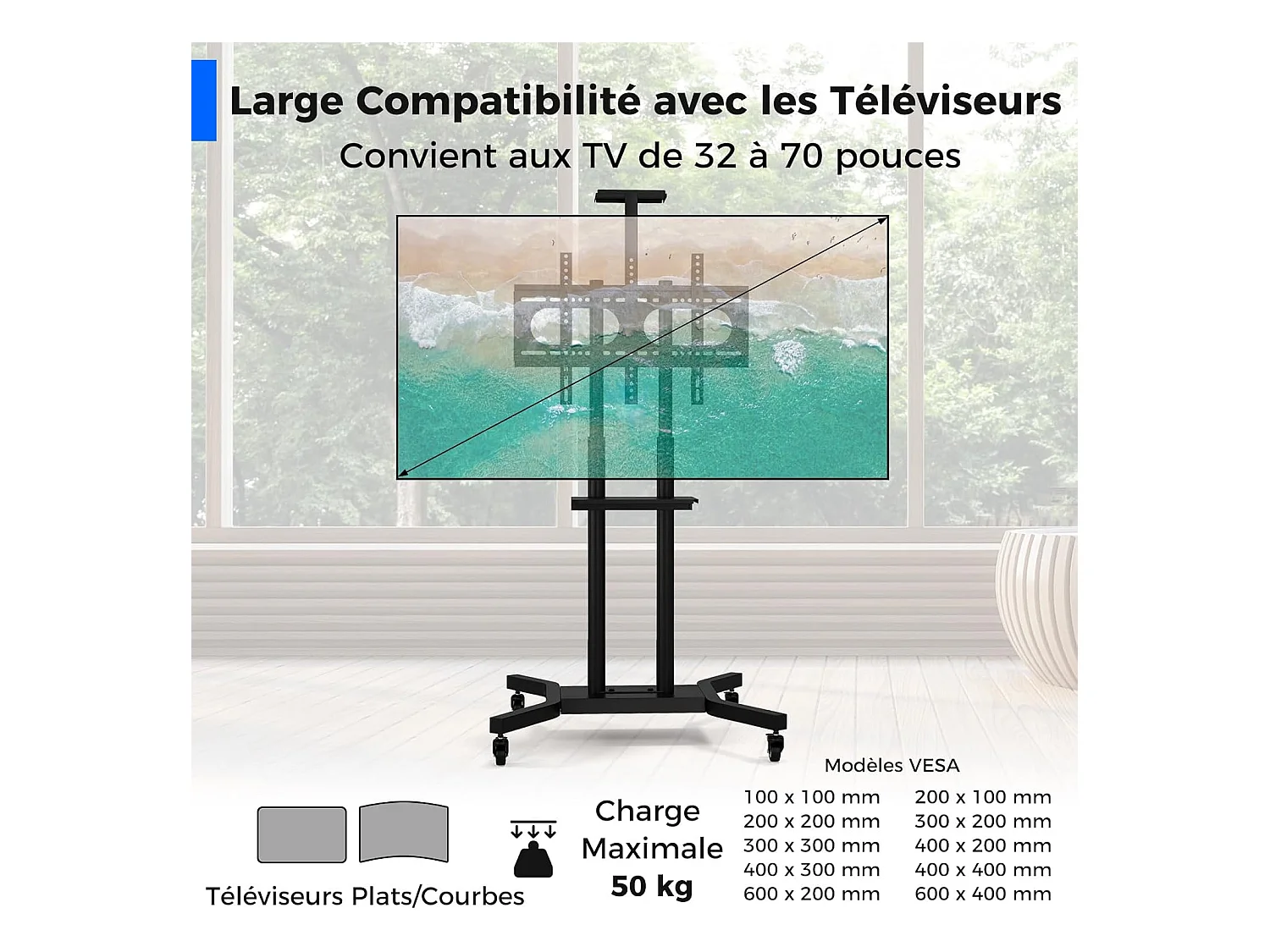 Support TV sur Pied Mobile pour 32 - 70 Pouces, Chariot TV à roulettes Réglable 2 Étagères pour Caméra et AV Passe-câbles VESA Max. 600 x 400 mm