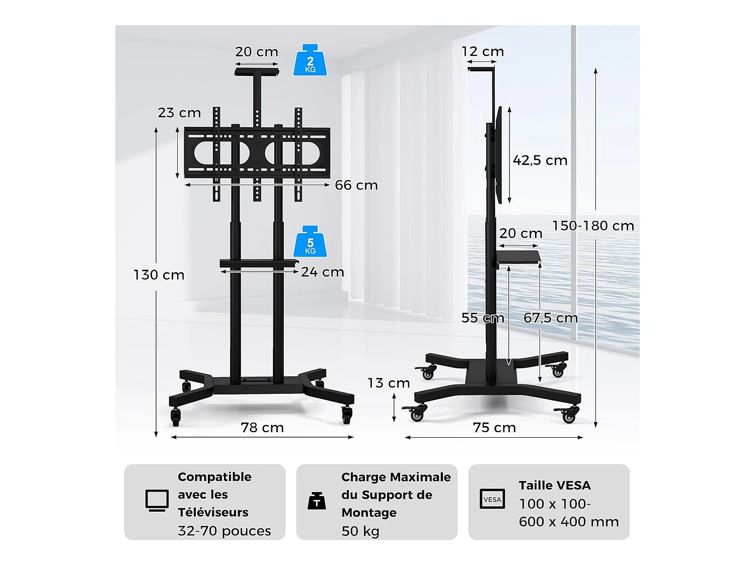 Support TV sur Pied Mobile pour 32 - 70 Pouces, Chariot TV à roulettes Réglable 2 Étagères pour Caméra et AV Passe-câbles VESA Max. 600 x 400 mm