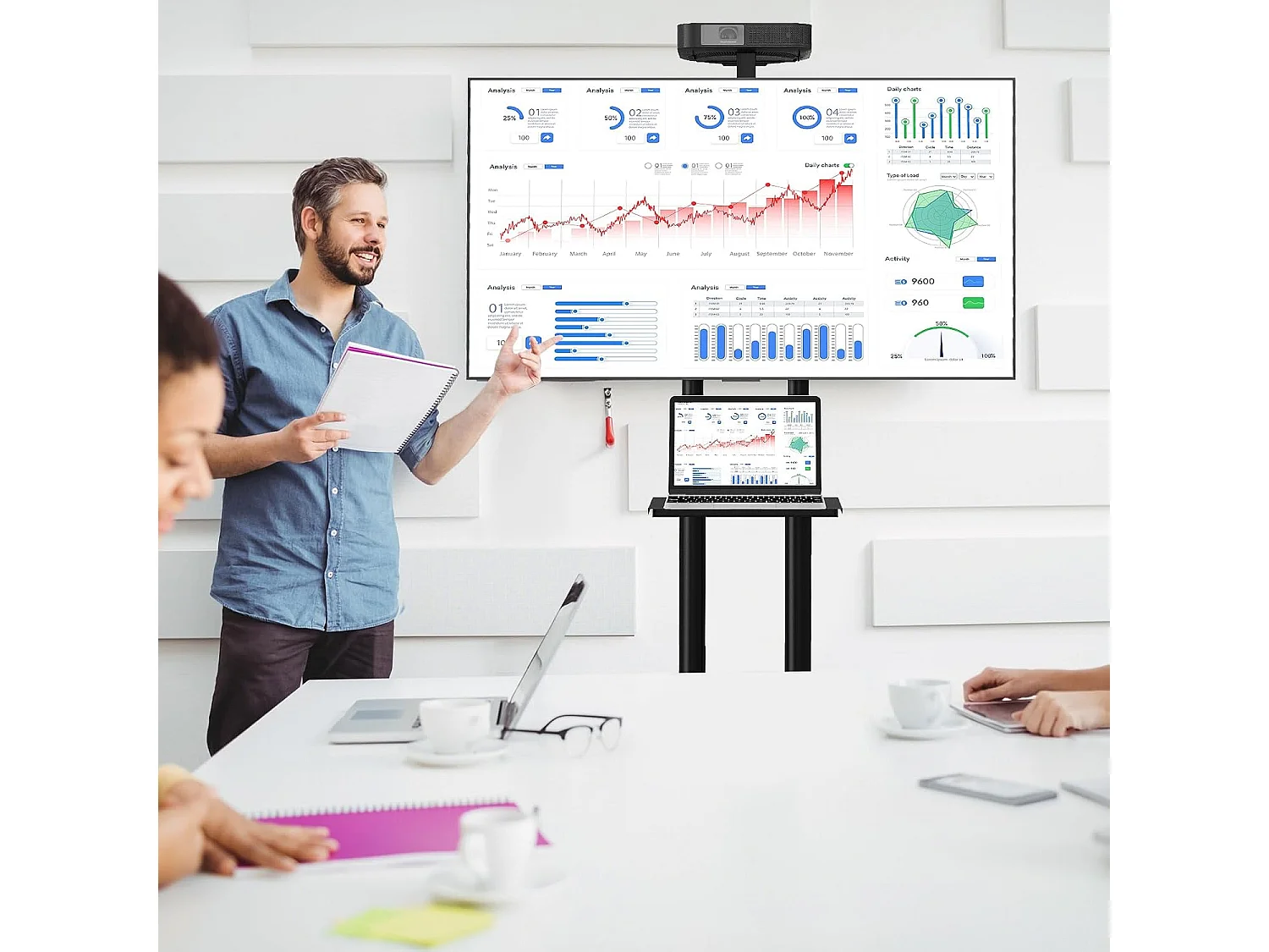 Support TV sur Pied Mobile pour 32 - 70 Pouces, Chariot TV à roulettes Réglable 2 Étagères pour Caméra et AV Passe-câbles VESA Max. 600 x 400 mm